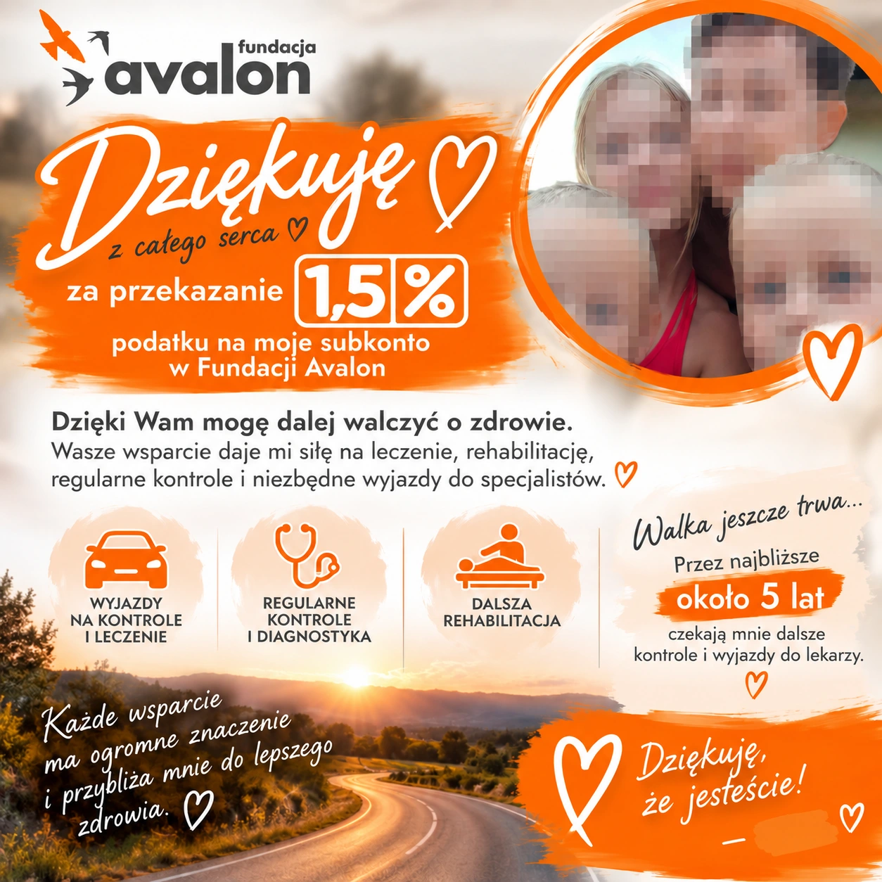 Pomarańczowo-biała grafika podziękowania za przekazanie 1,5% podatku z zasłoniętymi twarzami i podpisem