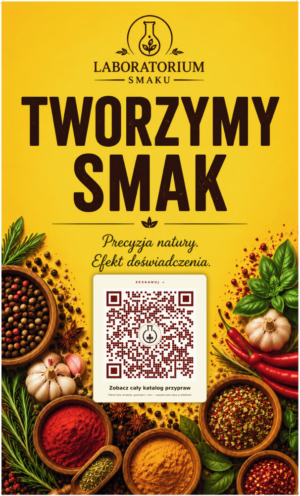 Projekt oklejenia drzwi: Tworzymy smak, logo Laboratorium Smaku i kod QR