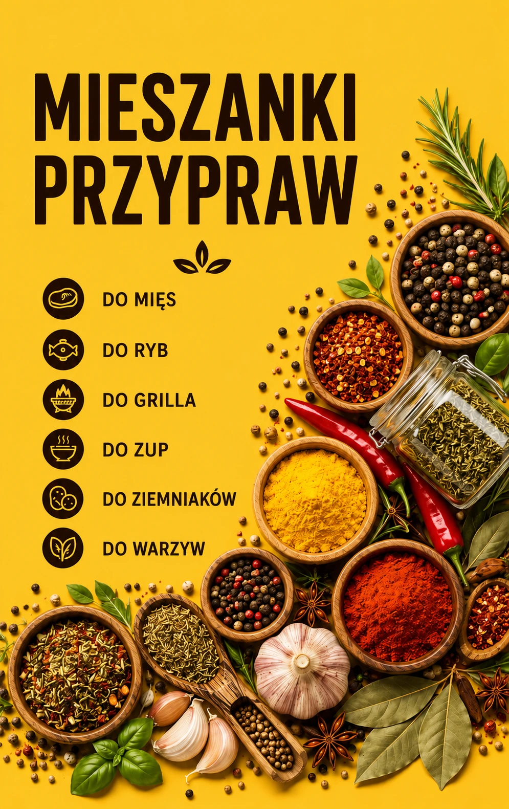Projekt żółtej naklejki na witrynę: mieszanki przypraw do mięs, ryb, grilla, zup, ziemniaków i warzyw